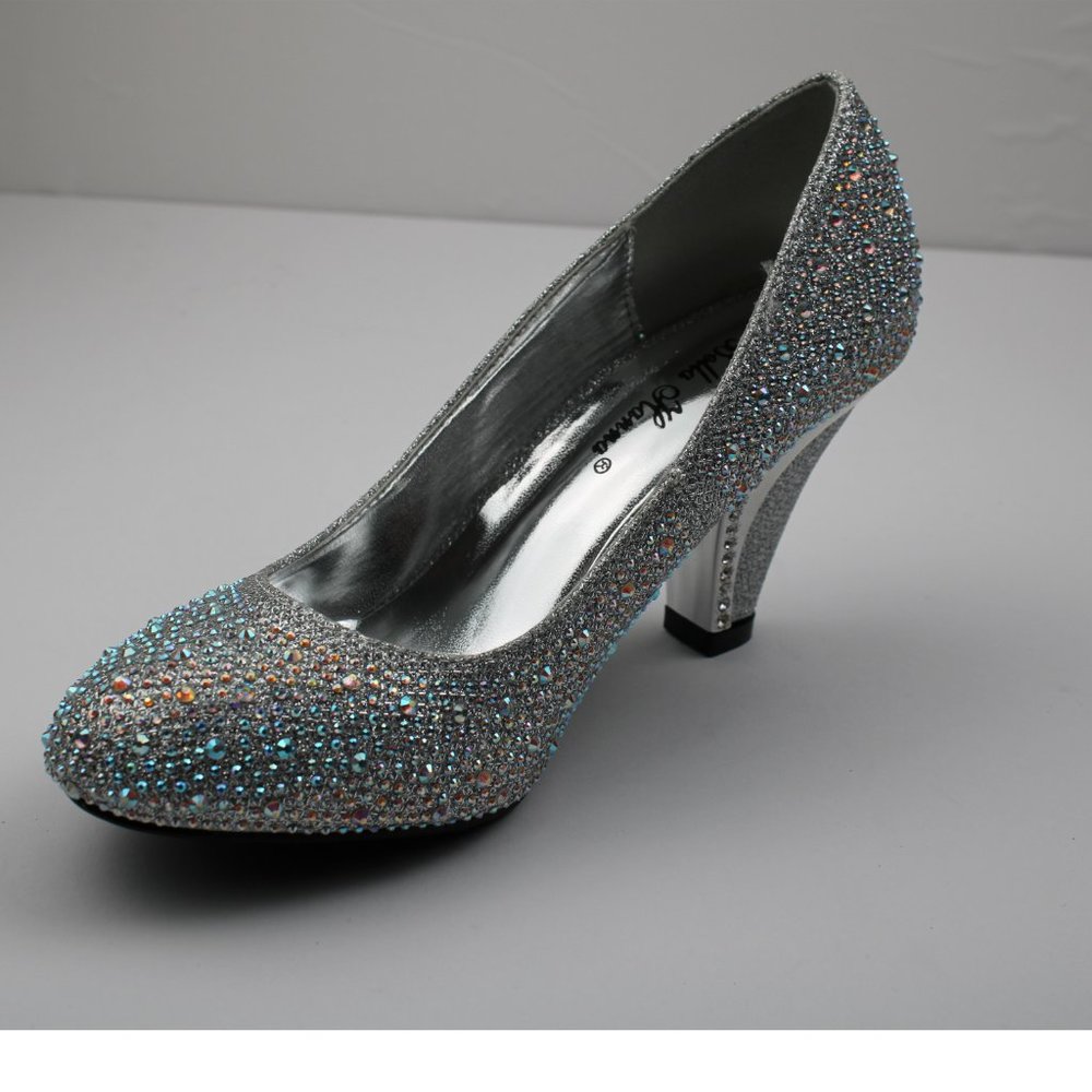 🔥 Women's Low Heel Rhinestone Silver Knit Round Toe Low Heel Pump Shoe Dressy - Picture 2 of 9